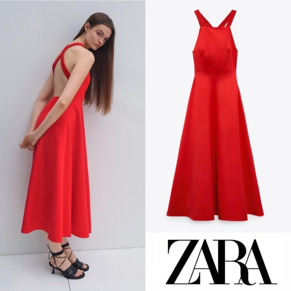 ZARA Woman's Red Halter Open-Back Linen-Blend Midi Dress Size M